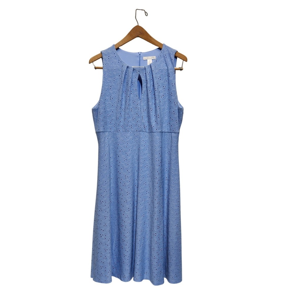 London Times Eyelet Fit and Flare Dress Keyhole Blue Womens 16 Wedding Guest